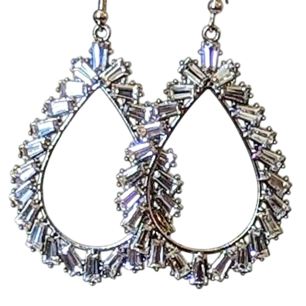 Baguette Crystal Teardrop Silver Tone Earrings
